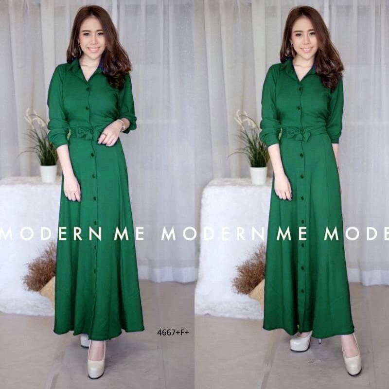 kudapy Maxi Dress แม็กซี่เดรสเชิ้ตแขนยาว สีพื้น งานเชิ้ตแต่งคอปกกระดุมช่วงหน้ายาวข้างเอวเย็บติดสายผูกเอว