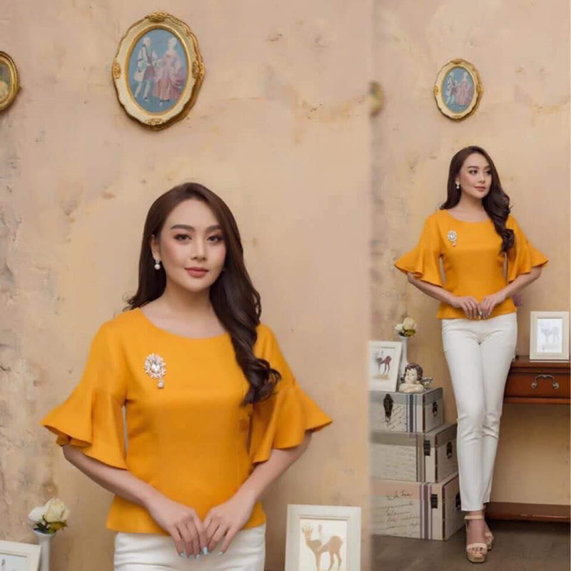 kudapy เสื้อผ้าลินินสีบานเย็นม/สีเหลือง แขนระบาย ปิดแขนได้ดี (เฉพาะเสื้อ)