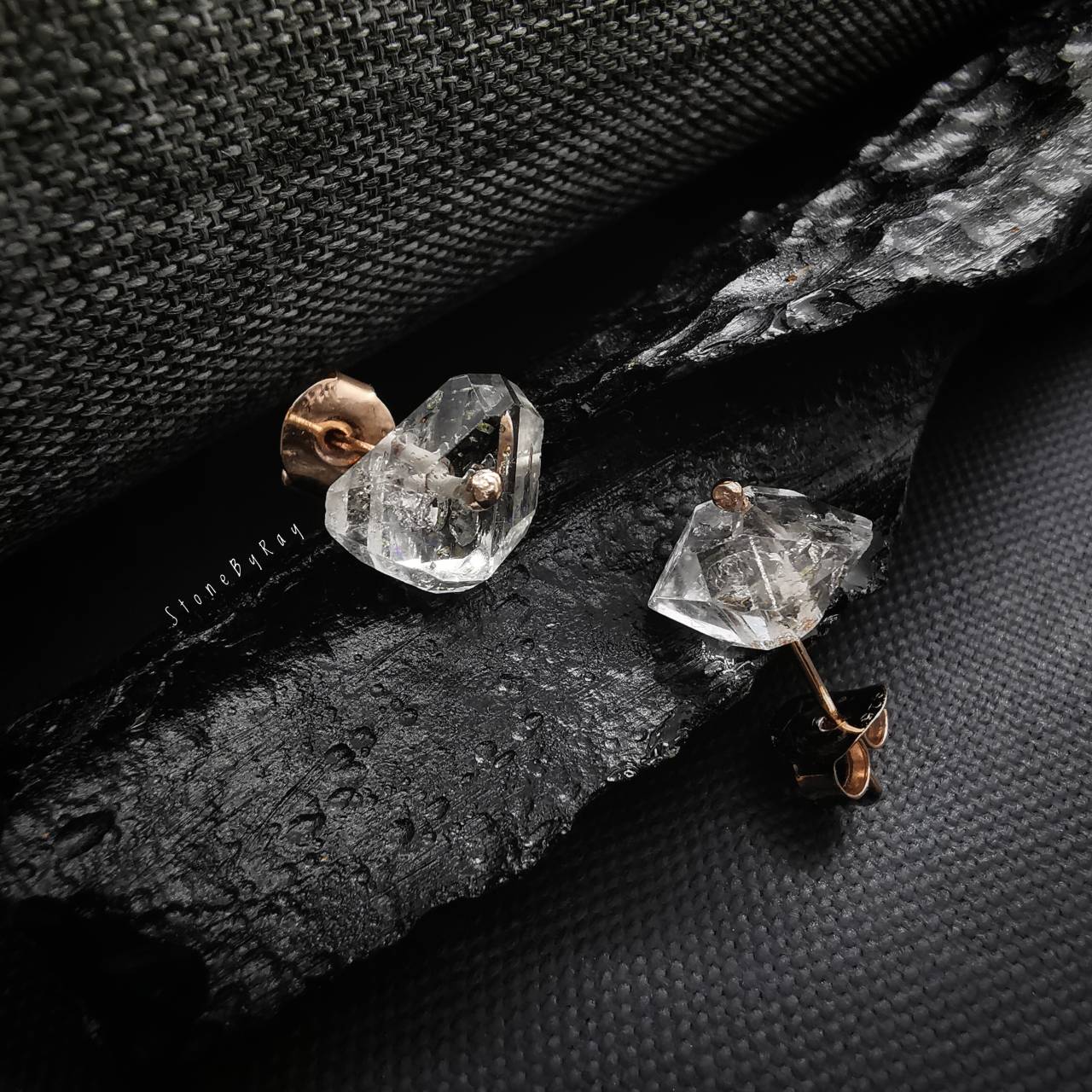 ต่างหูเงินชุบพิ้งโกลด์หินเฮอร์คิเมอร์ไดม่อน Herkimer Diamond