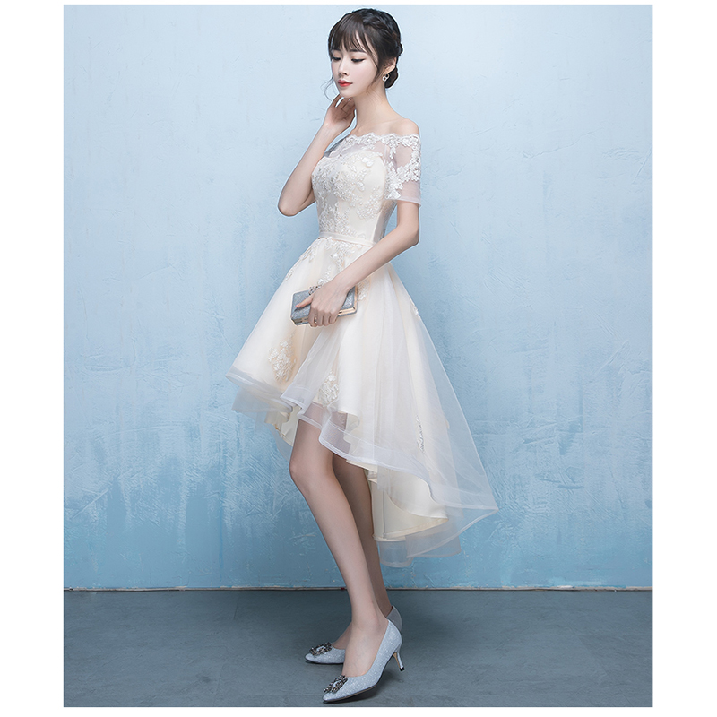 kudapy เดรสกระโปรงหน้าสั้นหลังยาวสีครีม ออกงานผ้าลูกไม้ปักสุดหรู ดีไซน์เปิดไหล่ ปิดต้นแขน