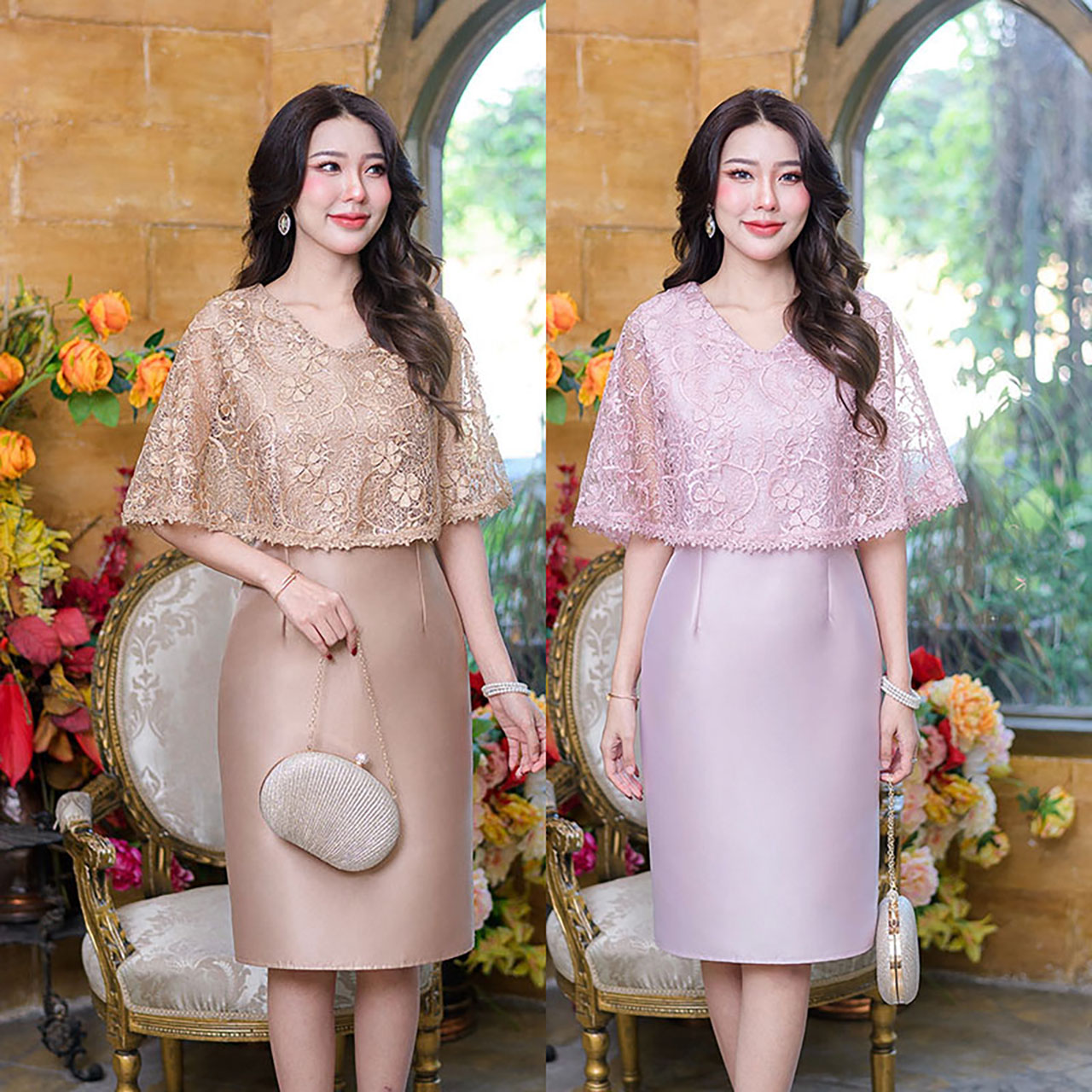 kudapy เดรสสั้นสีน้ำตาลอ่อน/สีชมพูอ่อน ดีไซน์เรียบหรู ตัวนี้เป็นผ้าไหมญี่ปุ่น คลุมด้วยผ้าลูกไม้ใยบวบลายปักดอกไม้ที่ผ้าสวยคุณภาพดี คอวี