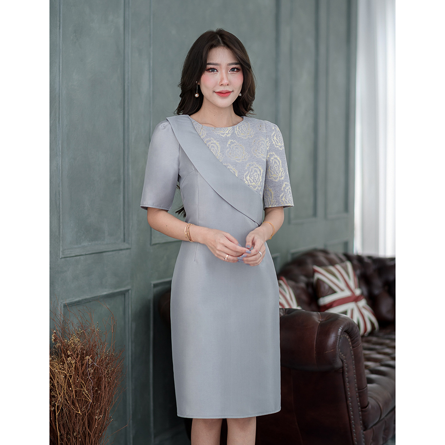 kudapy เดรสผ้าไหมญี่ปุ่นสีชมพูโอรส,สีเทา เดรสคอกลม แขนสั้น แต่งสายพาดบ่าแบบนางงาม ทรงตรง ตีเกร็ดหน้าหลังแขนสั้นทรงใส่ง่าย