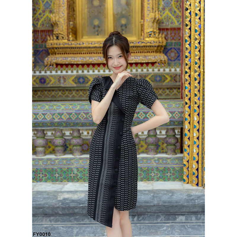 kudapy เดรสสั้นสีดำ/สีม่วง/สีชมพู ผ้าทอแต่งปกเทเลอร์แขนกลีบบัว