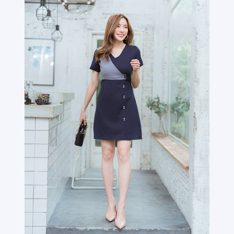 kudapy เดรสสั้นสีชมพู,เขียว,กรม ใส่ทำงานแต่งกระดุมคู่ทูโทนสวยน่ารัก