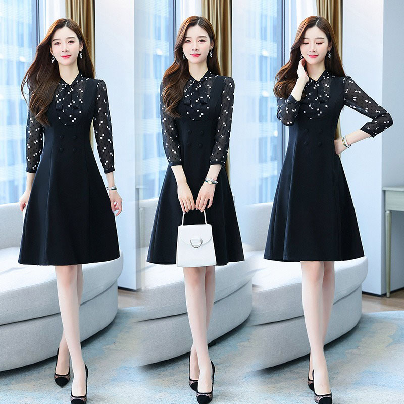 kudapy เดรสสั้นสีดำ ผูกโบว์ แขนยาว กระโปรงคลุมเข่า แนวเรียบร้อย สวยสง่า ใส่ดูดี