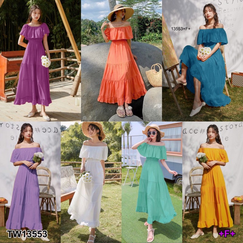 kudapy Maxi Dress เดรสยาวสีขาว ม่วงอ่อน ม่วงเข้ม ส้ม เขียวทะเล เขียวมิ้นท์ เหลือง เปิดไหล่ แขนระบาย ชายเดรสแต่งระบายรอบ มีซับในกระโปรง