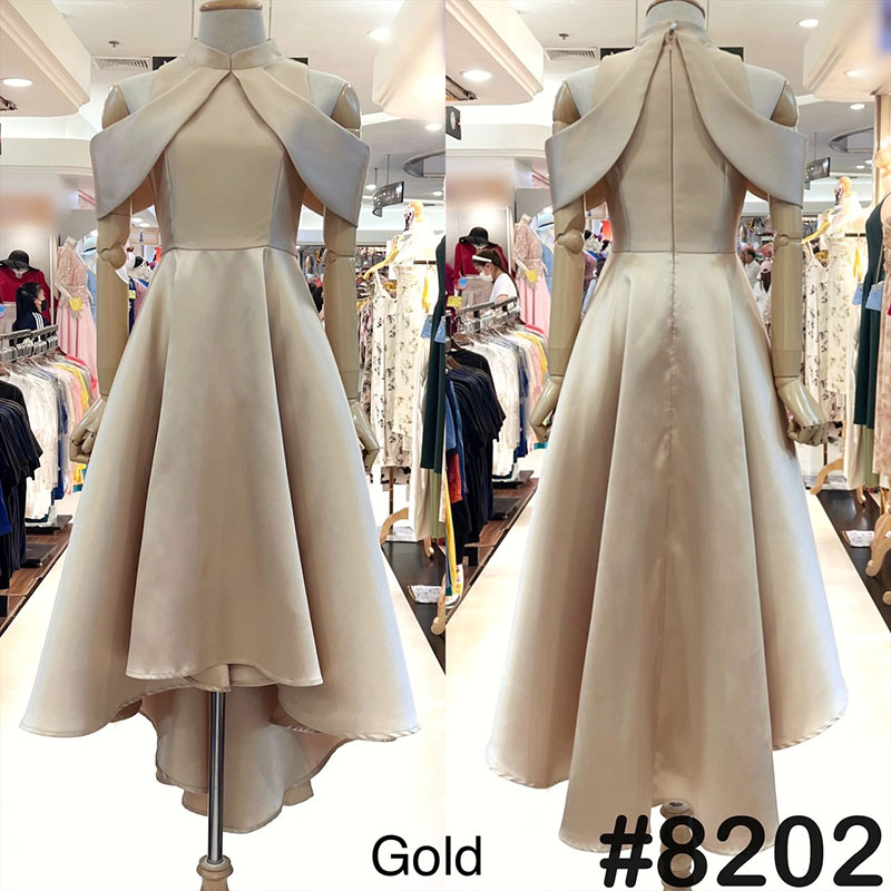 kudapy เดรสหน้าสั้นหลังยาวสีทอง/สีขาว/สีโรสโกล/สีแดง คอจีนสุดชิค ดีเทลป้ายไขว้พรางต้นแขน ซิปหลัง กระดุมหลังคอ กระโปรงทรงหน้าสั้นหลังยาว