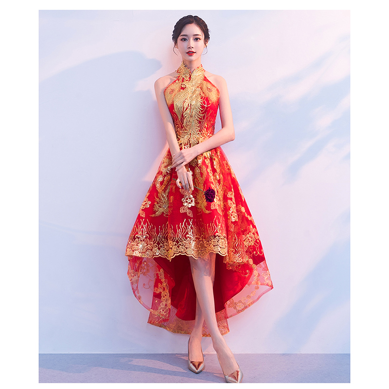 kudapy ชุดเจ้าสาวยกน้ำชาสีแดง คอเต่าแขนกุดหน้าสั้นหลังยาว