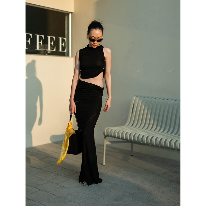 kudapy set สีน้ำตาล/สีดำ แขนกุดมัดข้าง+กระโปรงยาวมัดข้าง