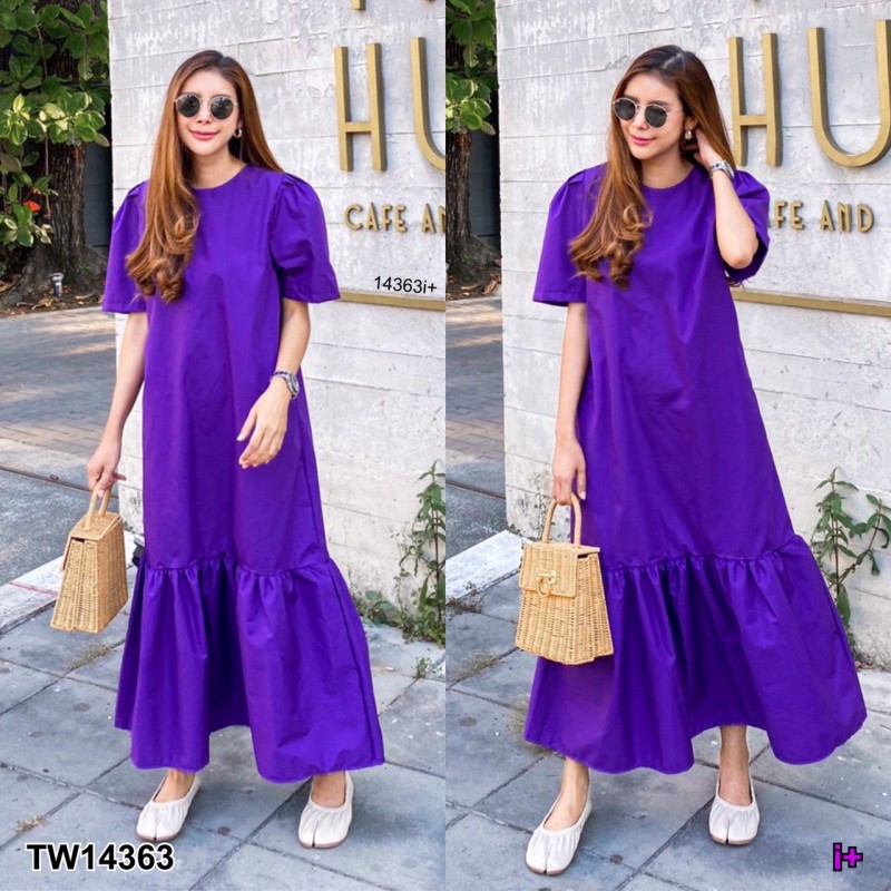 kudapy Dress เดรสยาว คอกลม แขนสั้นจับจีบแขน เย็บรูดชายหนึ่งชั้น มีกระเป๋าข้างสองข้าง