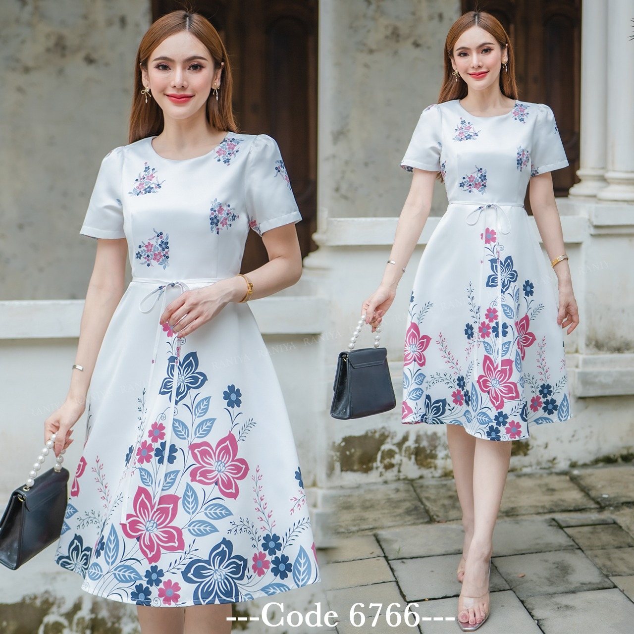 kudapy เดรสสั้นสีเขียว/สีขาว/สีครีม ผ้าSatin silk แขนสั้น เนื้อบางไม่หนา งานปริ้นลายดอก