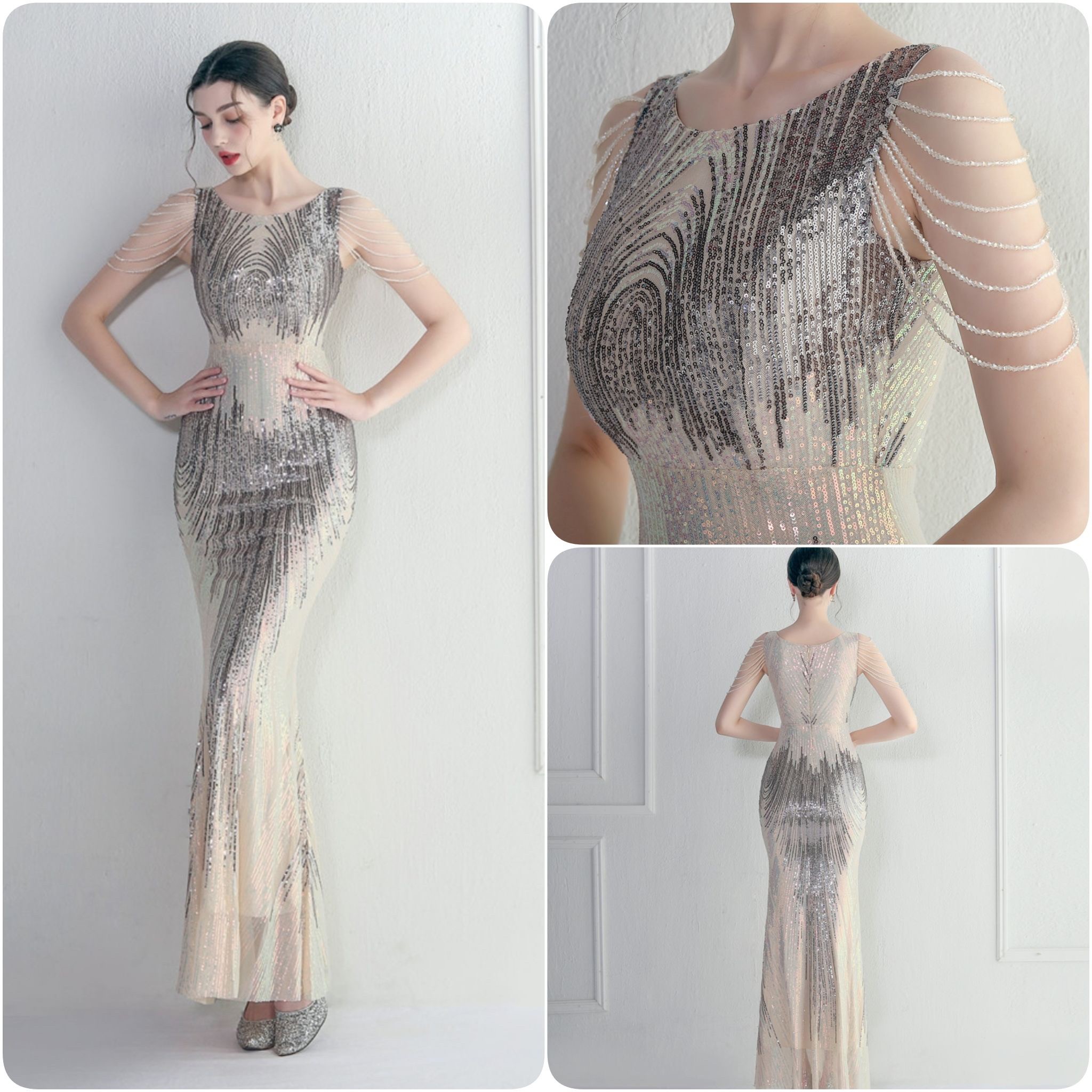 kudapy ชุดราตรียาวผ้ากริสเตอร์คอปาด แต่งลูกปัดที่ไหล่เพิ่มดีเทล สีดำ,โรสโกลด์,แดงไวน์,เขียว,สีน้ำเงิน,กรมท่า,ขาว ผ้าขยายได้ สวมเข้ารูป