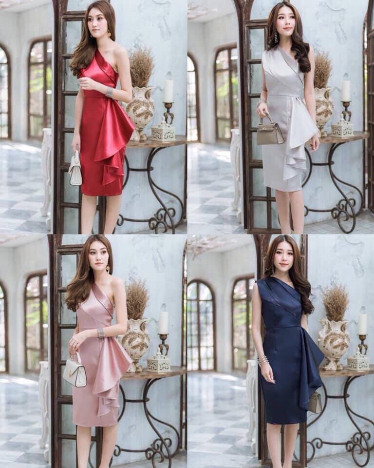 kudapy ชุดราตรีสั้นไหล่เฉียงจับจีบเอวแต่งระบายเลเยอร์ข้าง สีฟ้า ,โอวัลติน ,กรมท่า ,แดง ,ชมพูกลีบบัว ,เทา, เขียวอ่อน ,โอรส ,ชมพูโรสโกลด์