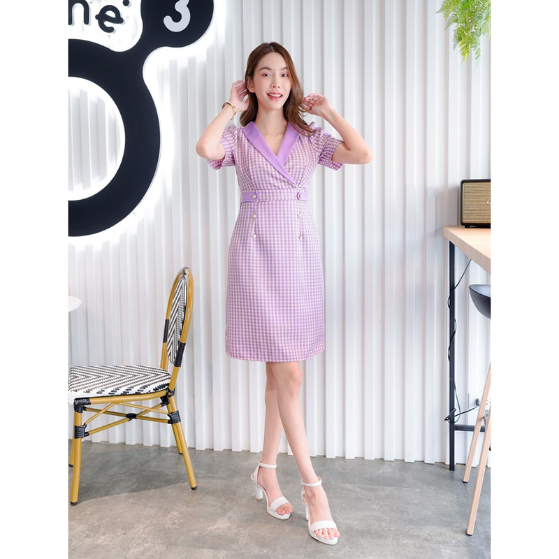 kudapy เดรสสั้นสีม่วง/สีกรม/สีชมพู คอปกสูทลายสก็อต