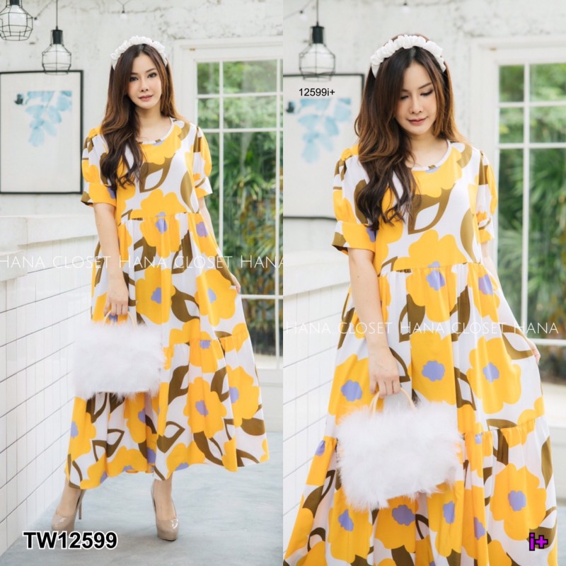kudapy เดรสยาว #สาวอวบ แขนตุ๊กตา พิมพ์ลายดอก Maxi Dress #สาวอวบ เดรสยาว คอกลม แขนตุ๊กตาไปทะเล