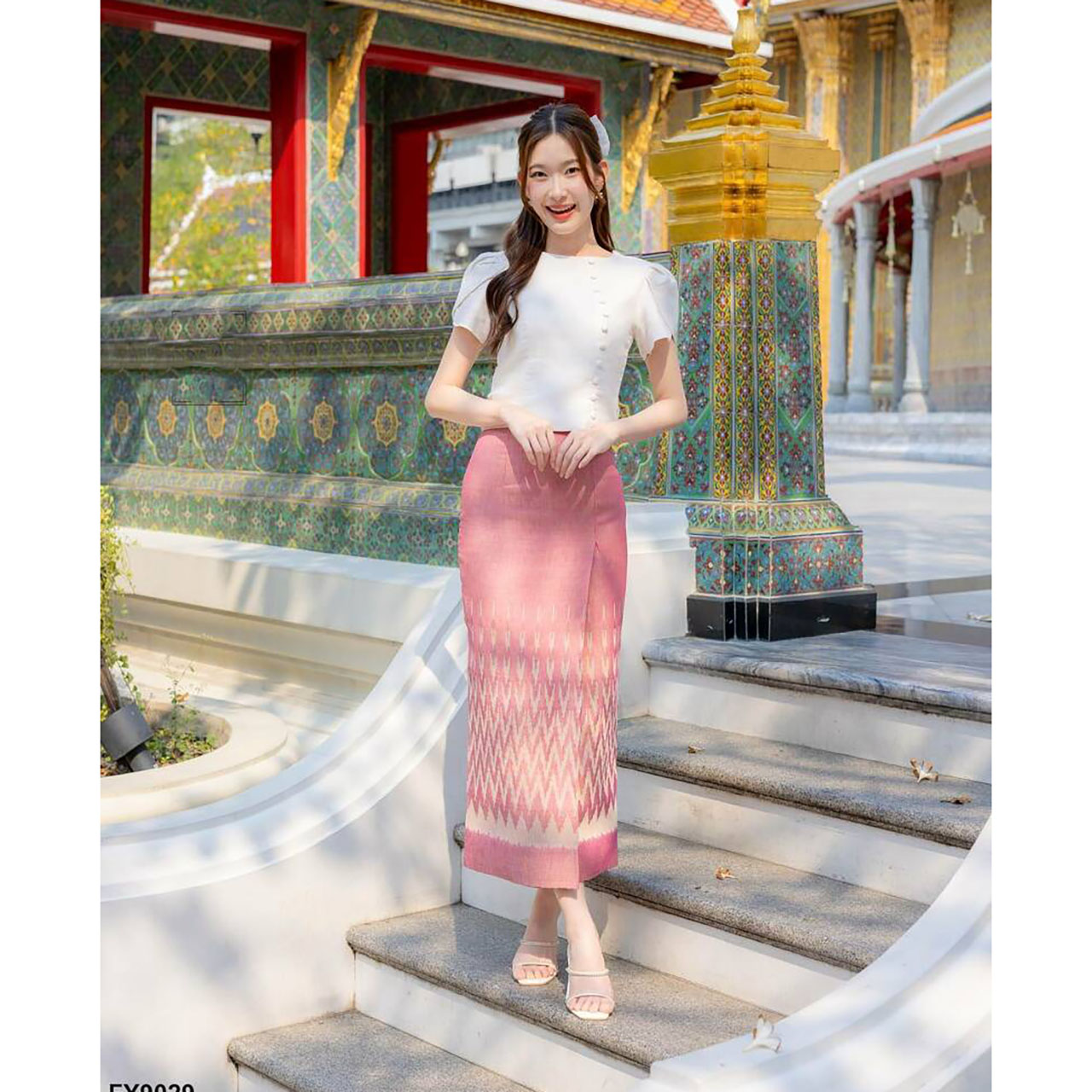 kudapy เซ็ทลิซ่าผ้าถุงลายไทยสีเทา/สีชมพู ใส่ออกงาน ใส่ไปวัด งานบุญ สวยดูดี