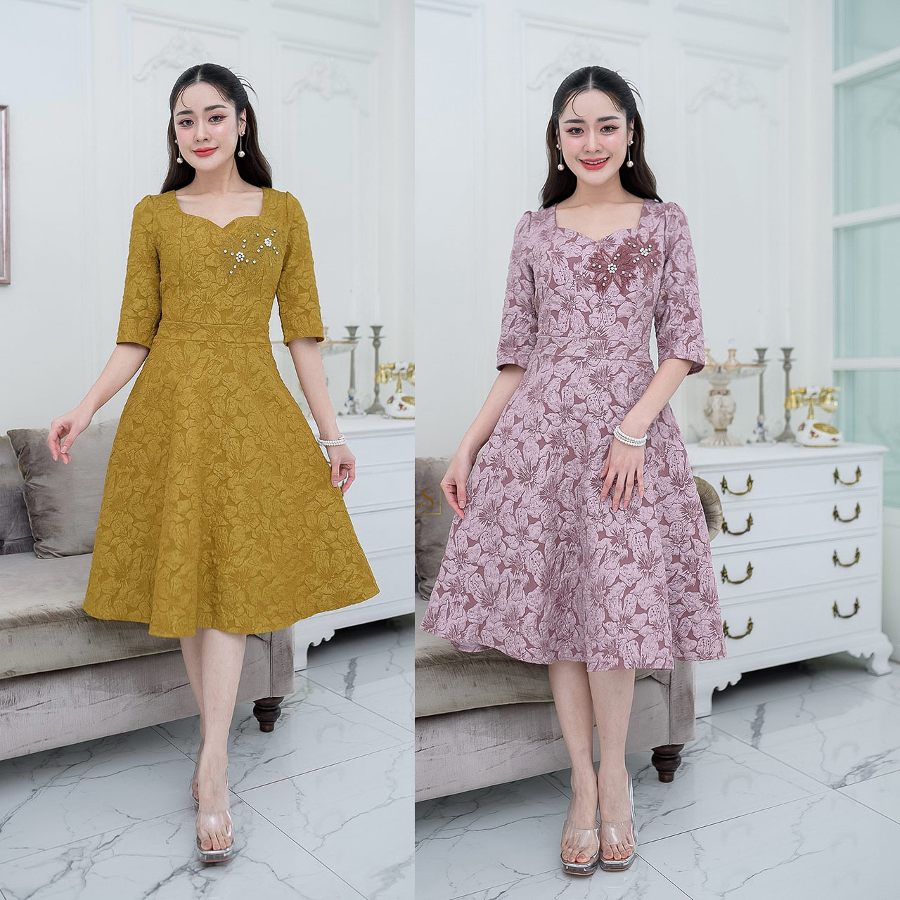 kudapy เดรสสั้นสีเหลืองมัสดาส/สัชมพูกะปิ ผ้า jacquard ลายดอกลิลลี่สุดฮิต ผ้าสวยตลอดกาล วันนี้ทำมาให้ใหม่ทรงสวยๆกระโปรงบานตัวเสื้อคอโค้งวีสวย แขนศอก