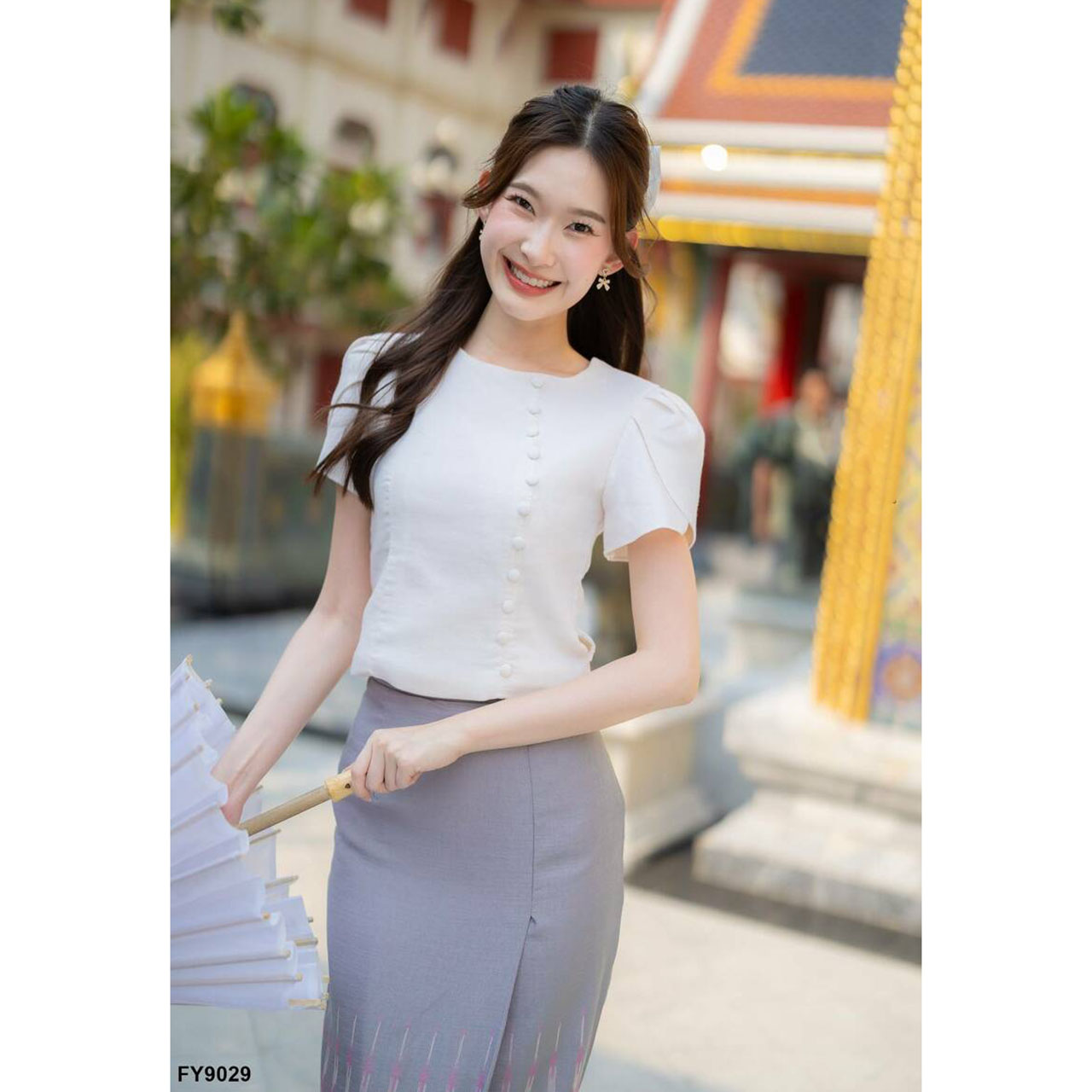 kudapy เซ็ทลิซ่าผ้าถุงลายไทยสีเทา/สีชมพู ใส่ออกงาน ใส่ไปวัด งานบุญ สวยดูดี