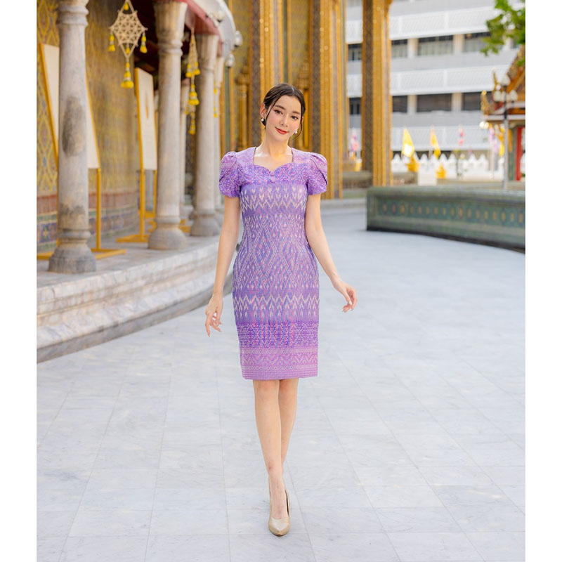 kudapy เดรสสั้นสีโอรส/สีชมพู/สีม่วง/สีฟ้า ผ้าทอแขนบัว เดรสผ้าไทยสวยดูดี ใส่ออกงาน