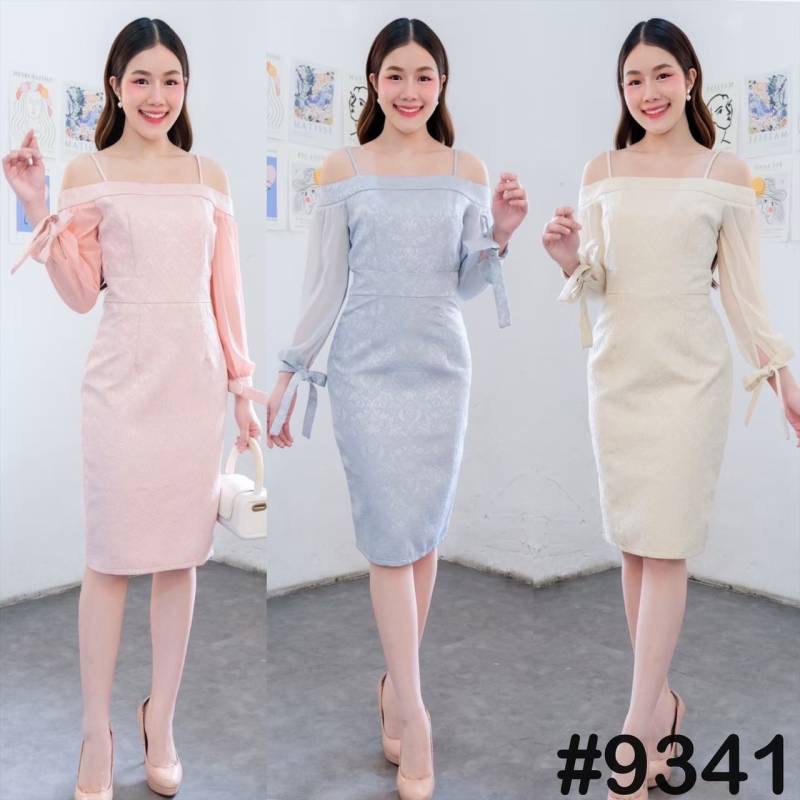 kudapy เดรสสั้นไปงาน เดรสผ้าไหมเปิดไหล่แขนยาวสีชมพู สีฟ้า สีครีมทอง แขนยาวผ้าชีฟองแต่งโบว์ที่ปลายแขน งานมีซับใน ซิบหลังอย่างดี