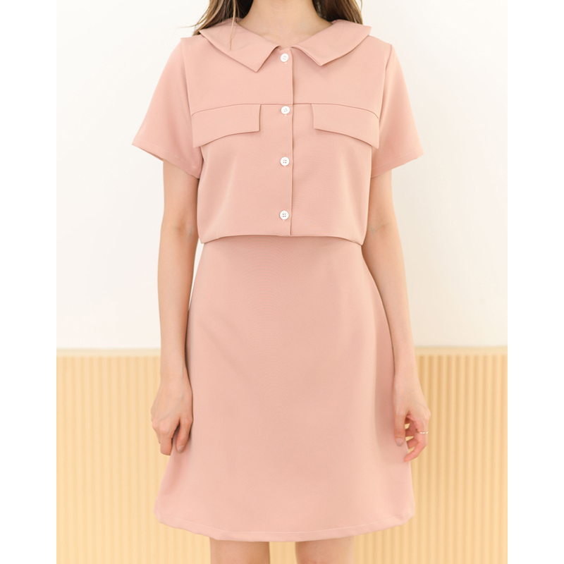 kudapy kudapy เดรสสั้นสีมัทฉะ/สีดำ/สีโอรส คอปก กระดุมอกแกะได้จริง สวยปัง