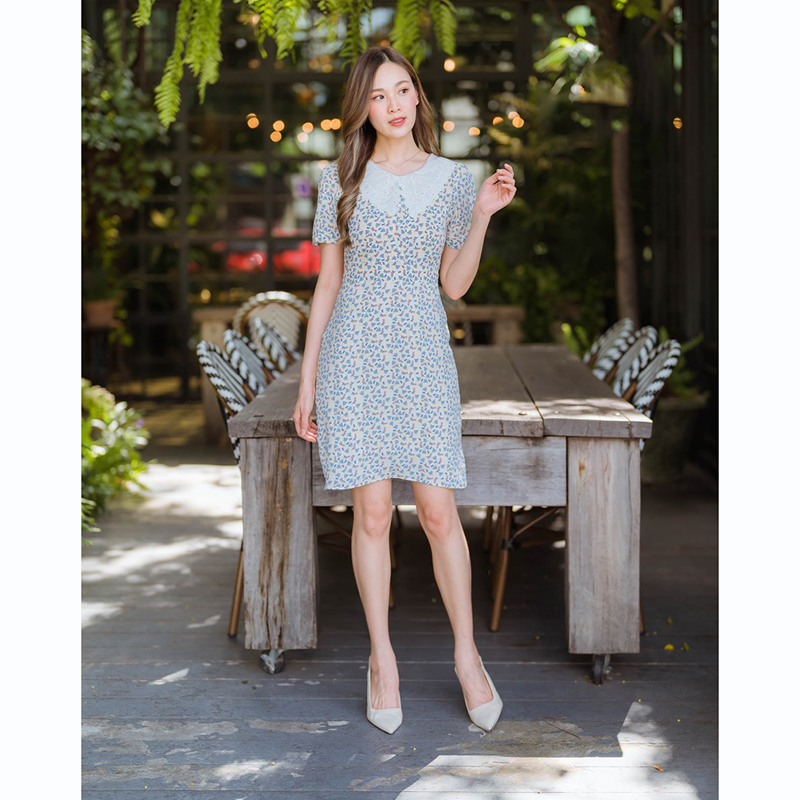 kudapy เดรสสั้นคอปกลูกไม้สีกรม/สีชมพู/สีเหลือง เดรสทำงานลายดอกปกลูกไม้