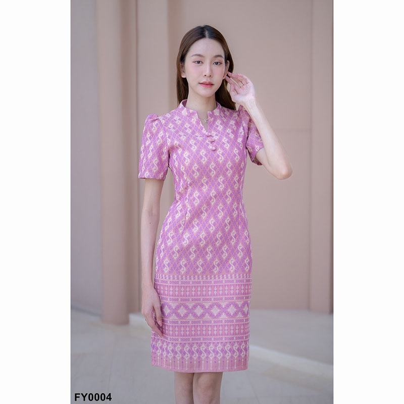 kudapy เดรสสั้นสีเทา/สีกรม/สีชมพู ผ้าไทยคอปีนลายขอ