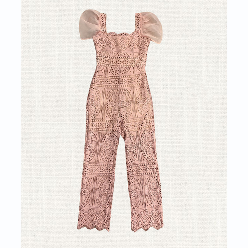 kudapy จั๊มสูทขายาวสีน้ำตาล/สีชมพู ลูกไม้แขนระบายผ้าสวยใส่สบายดูดีน่ารัก