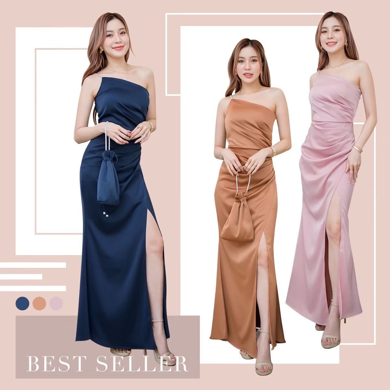 kudapy เดรสยาวสีชมพูกลีบบัว/สีชมพูเผือก/สีกรม/สีอื่นๆ เดรสใส่ออกงาน เปิดไหล่ ใส่สบายตัว