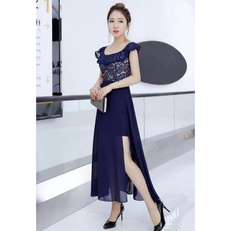 kudapy ชุดเดรสยาวสีน้ำเงิน สวยเรียบหรูกระโปรงแหวกดูทันสมัย