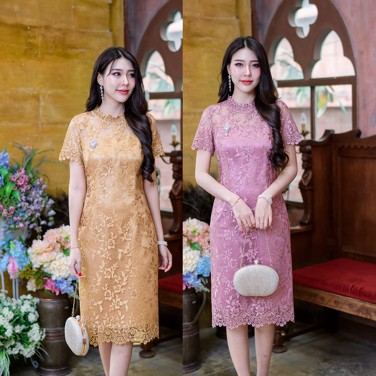 kudapy เดรสสั้นสีเหลืองทอง/สีชมพูกะปิ ทรงแขนสั้นผ้าลูกไม้เงาผ้าสวยพรีเมี่ยม งานลายเชิงผ้าช่วงแขนและชายกระโปรงสวยมาก