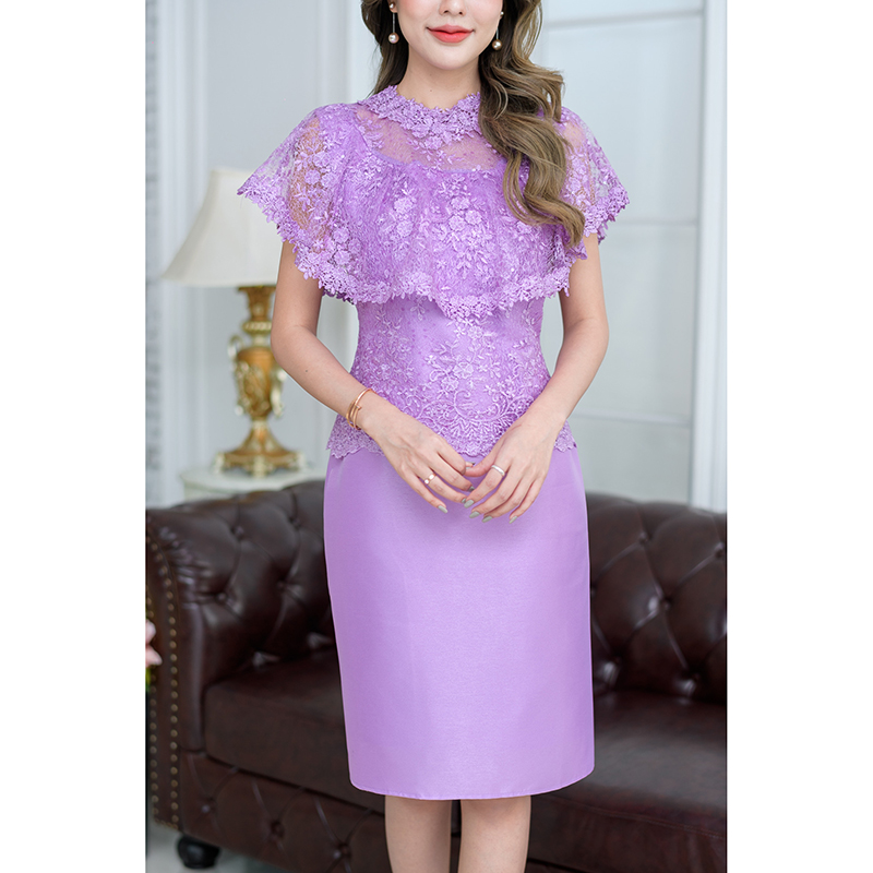 kudapy เดรสสั้นไปงานแต่งสีชมพู/สีม่วง ผ้าลูกไม้เงาผสมผ้าไหม มีซับใน ซิบหลัง