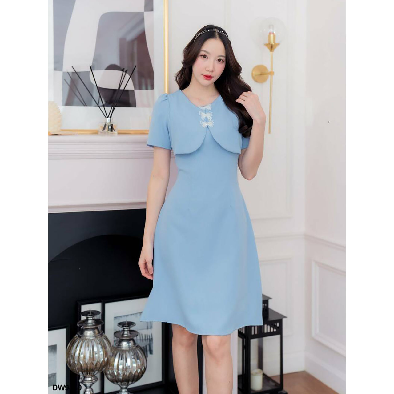 kudapy เดรสสั้นสีชมพู/สีขาว/สีฟ้า ผ้าพื้นแขนตุ๊กตาติดโบว์3ชิ้น