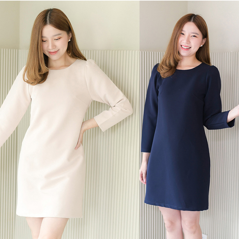 kudapy เดรสสั้นสีกรม/สีครีม แขนยาว ทรงเรียบ คลาสสิกใส่ง่าย รูดยกหัวไหล่เพิ่มความคิ้วท์