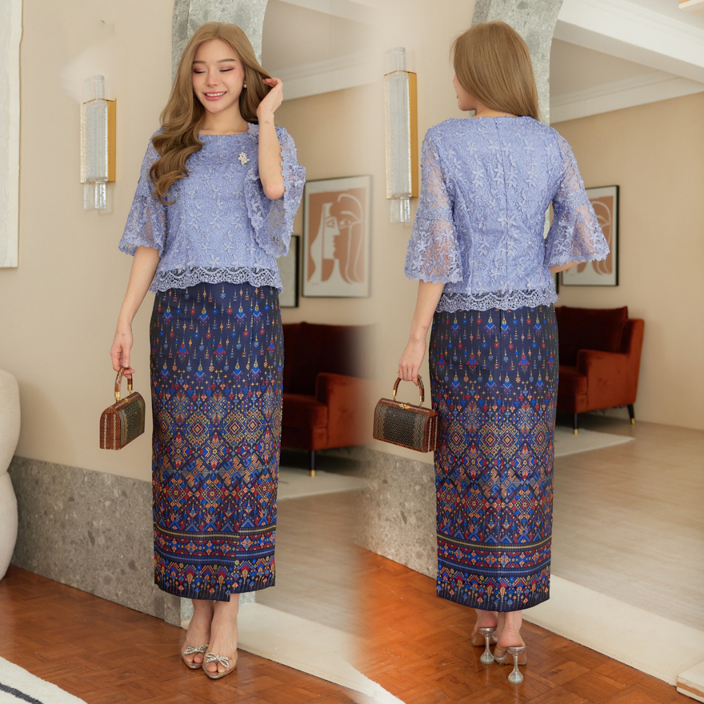 kudapy เซทเสื้อลูกไม้ใยบวบทรงแขนระบายดอกลอยเกรดพรีเมี่ยม + ผ้าถุงไหมแพรวากาฬสินธุ์