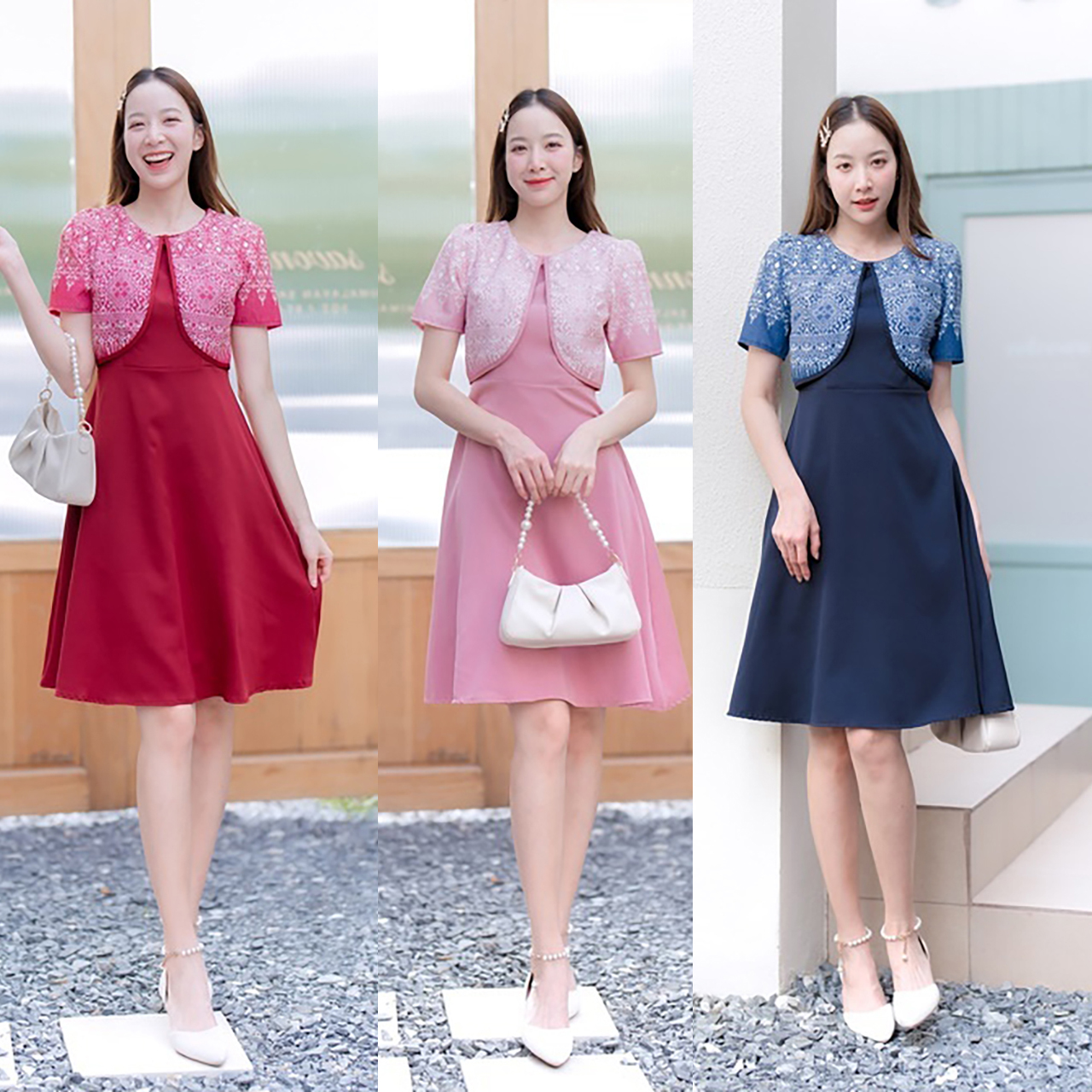 kudapy เดรสสั้นสีชมพู/สีแดง/สีกรม ทรงบานกระโปรงสีพื้นแต่งเสื้อลายไทย