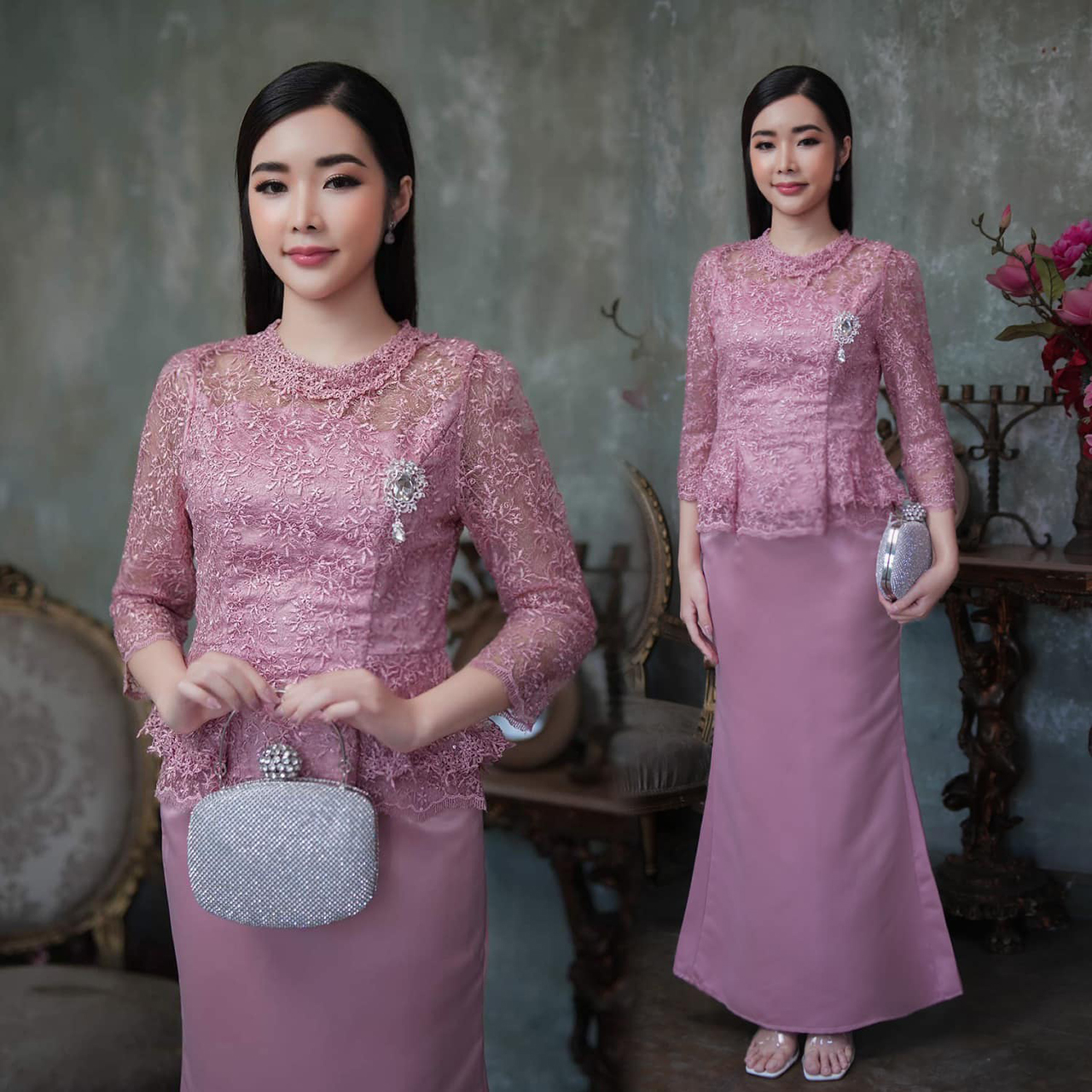 kudapy ชุดเซ็ทชมพูกลีบบัว / น้ำตาลทอง ลูกไม้ใยบวบ แขนยาว มีซิปหลัง ซับในทั้งเสื้อและกระโปรง