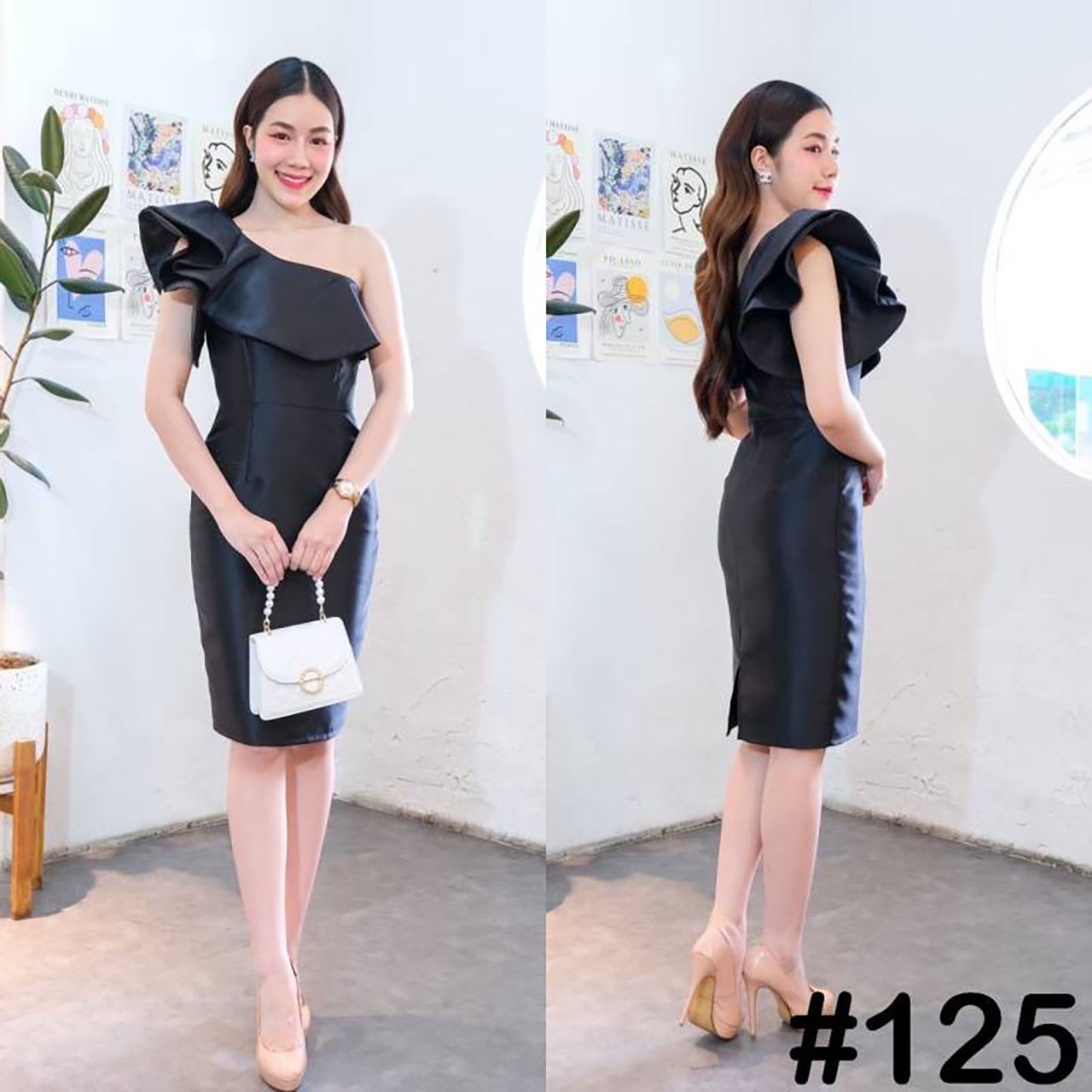 kudapy เดรสสั้นสีขียวอมเทา,ชมพู,ฟ้า,แดง,ทอง,เทา,กรม ,เขียว บ่าเดี่ยว จับเดรปแขน สองชั้น ระบายจีบช่วงอก