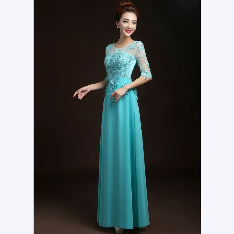 kudapy ชุดราตรียาวสีชมพู/ฟ้า แขนยาว แบบเรียบหรู แต่งลูกไม้เซาะดอก ปักลูกปัดมุก