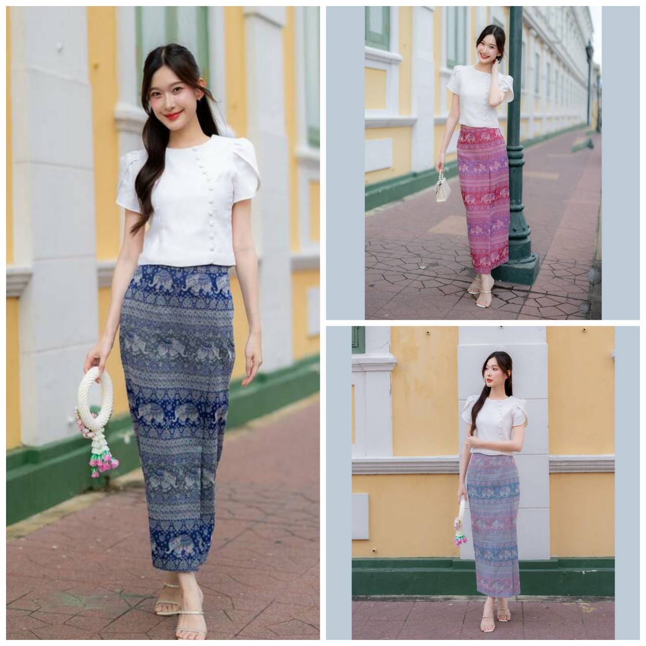 kudapy ชุดเซตผ้าไหมลายไทยใส่ออกงานสีกรมท่า สีฟ้า สีแดง พร้อมเสื้อลิซ่าสีขาว