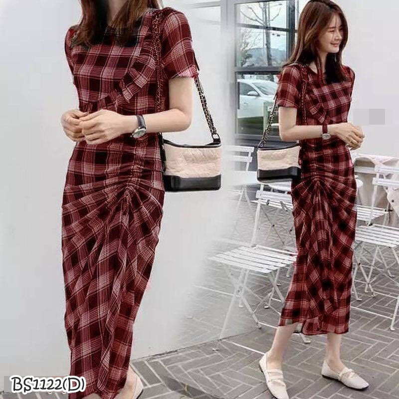 kudapyเดรสยาวสีดำ/แดงลายสก็อต แขนบาบี้ปลายแขนจั้มยาง งานผ้าไหมอิตาลี่นิ่มระบายอากาศได้ดี