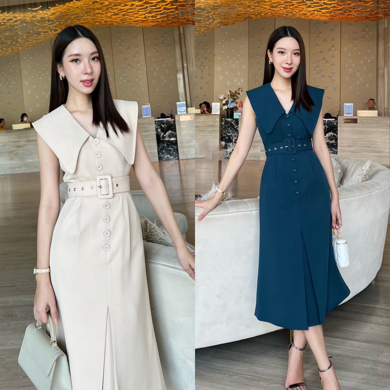 kudapy เดรสสูทสีครีม/สีครามทะเล แต่งปกใหญ่ ทำให้ดูผอม ซิบด้านหลัง ผ่าด้านหลังเพื่อให้เดินสะดวก