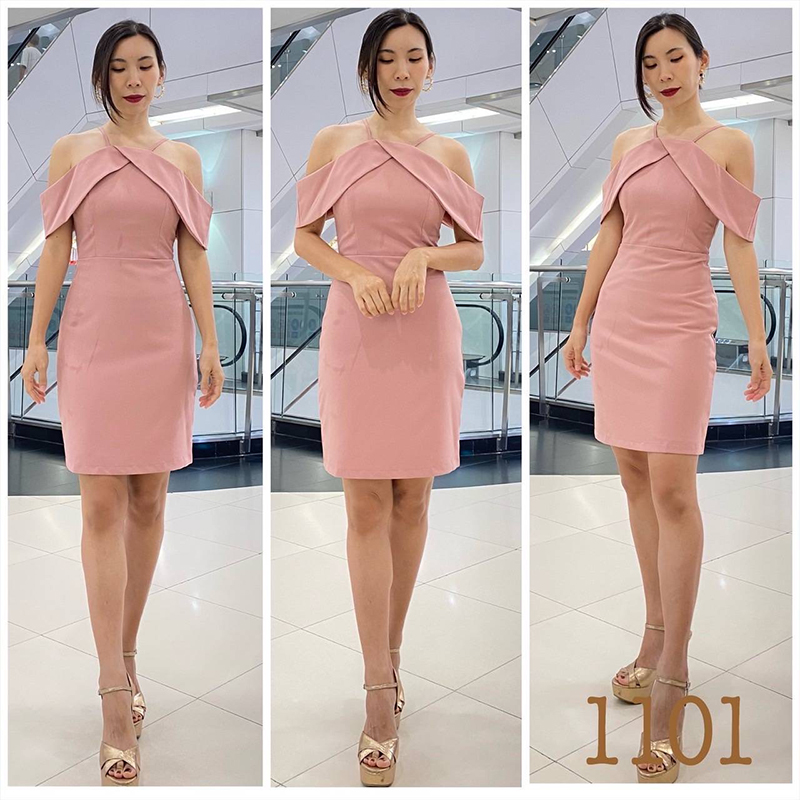 kudapy เดรสสั้นสีกรม/ครีม/ชมพู/ส้มอิฐ สายเดี่ยว ปิดบ่า ผ้าเครปเกาหลี เข้ารูป ใส่ออกงานสวยดูดี