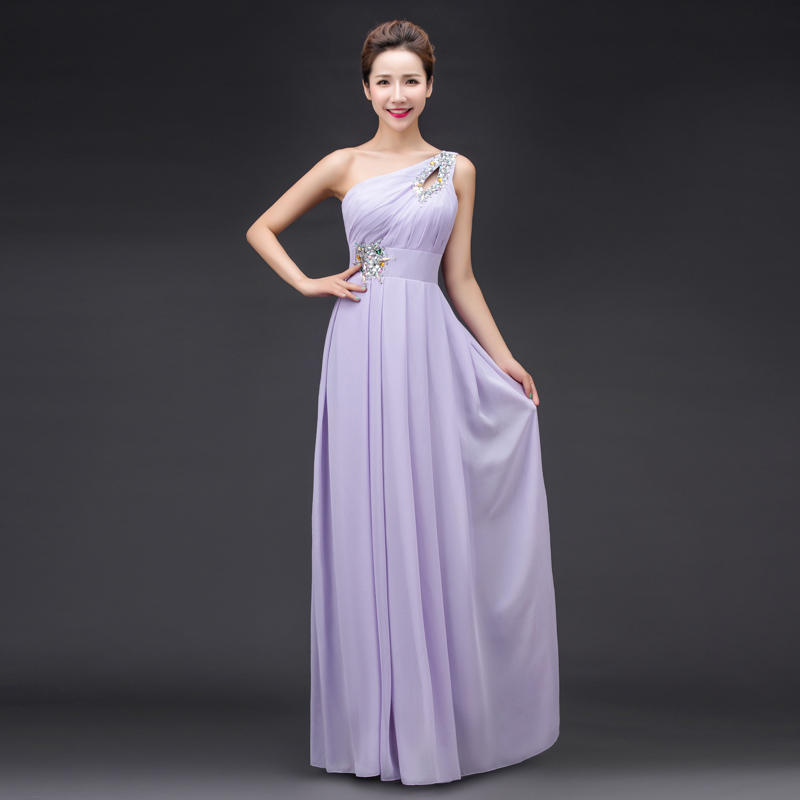 kudapy ชุดราตรียาวสีม่วง ไหล่เดียว Lavender ผ้าชีฟอง แต่งเลื่อม+มุก ช่วงเนินอกและเอว