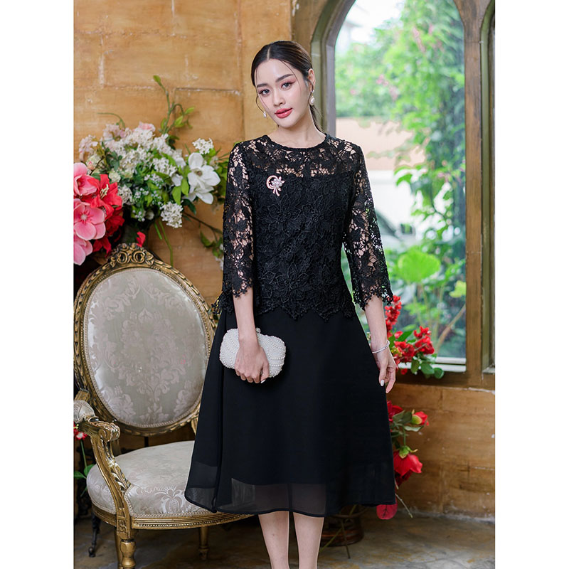 kudapy เดรสสั้นลูกไม้ไปงานสีฟ้าคราม/สีดำ/สีชมพู/สีกะปิ คอกลม แขนสามส่วน เดรสแต่งชีฟอง มีซับใน ทรงสวยมากค่ะ