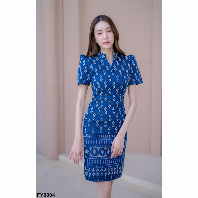 kudapy เดรสสั้นสีเทา/สีกรม/สีชมพู ผ้าไทยคอปีนลายขอ