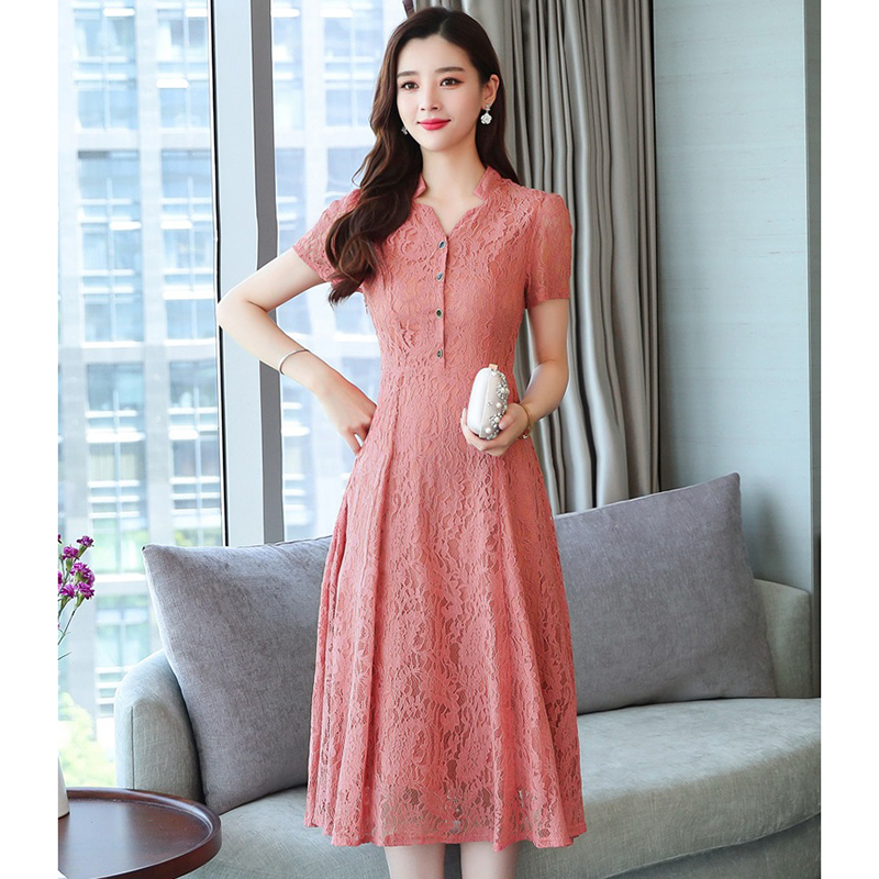 kudapy เดรสสั้นสีส้มอิฐ ผ้าลูกไม้ ยืดหยุ่นได้ แขนสั้น 2XL