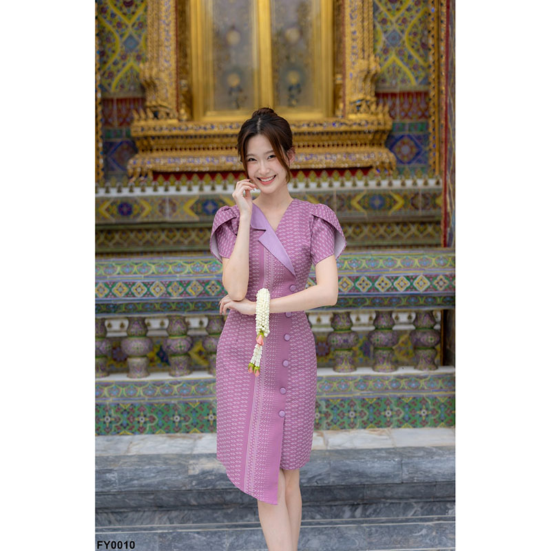 kudapy เดรสสั้นสีดำ/สีม่วง/สีชมพู ผ้าทอแต่งปกเทเลอร์แขนกลีบบัว