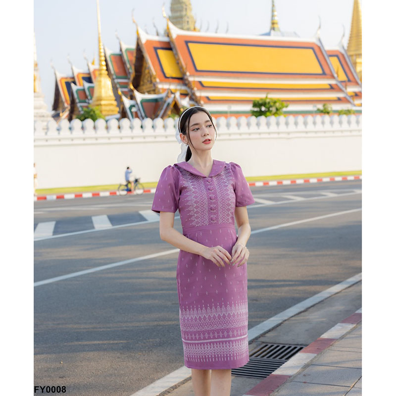 kudapy เดรสสั้นสีชมพู/สีดำ ผ้าลายไทย ทรงเข้ารูป แต่งกระดุม ใส่ออกงาน สวยดูดีเรียบร้อย