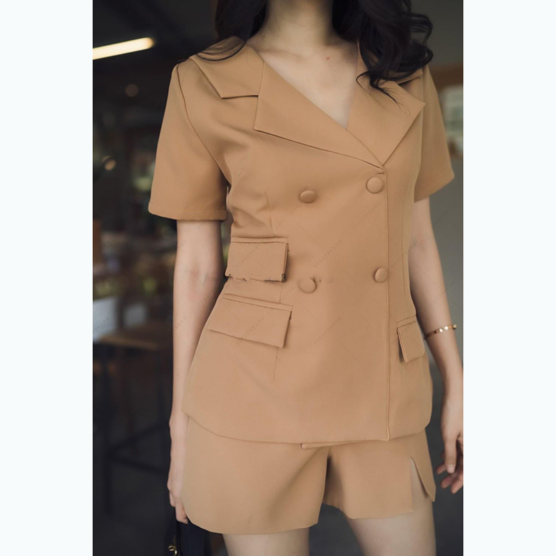 kudapy เสื้อสูท+ขาสั้นสีแดง/สีน้ำตาล ผ้าเนื้อดีรีดอัดกาว ซับในทั้งตัว ซิปหลัง